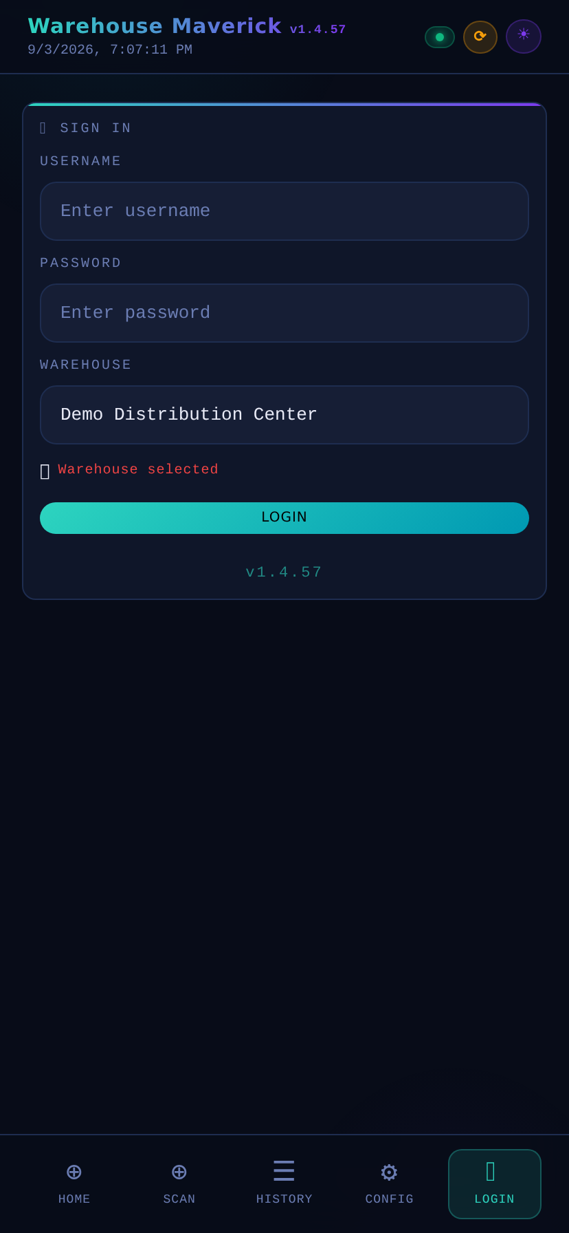 Warehouse Maverick sign-in screen with per-warehouse selection