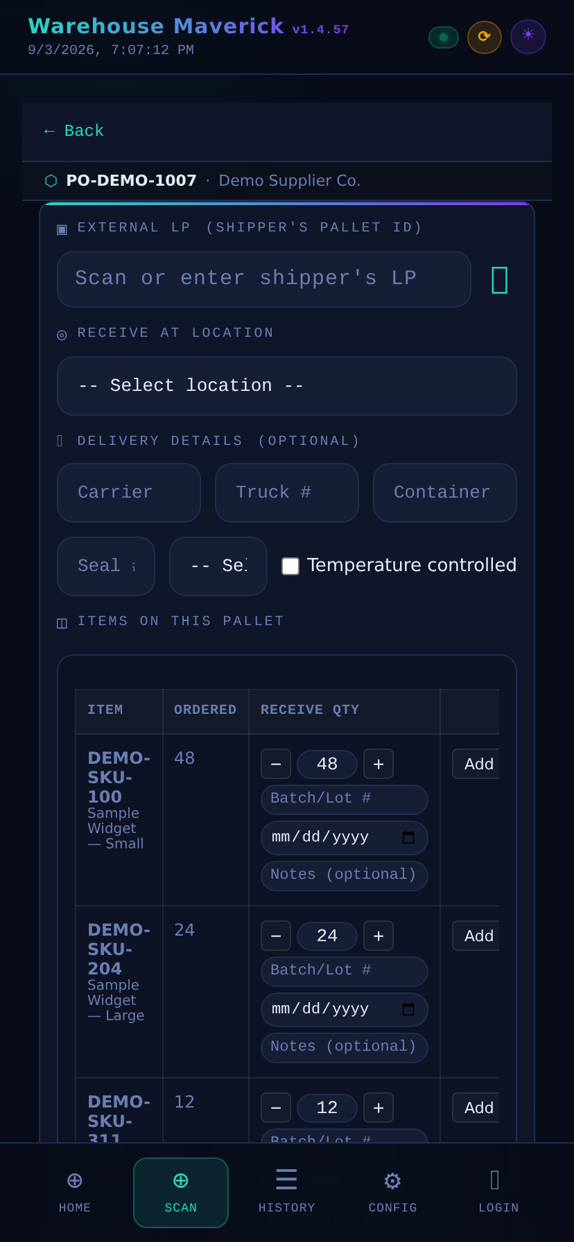 Warehouse Maverick receiving screen with item capture, batch, and expiry fields